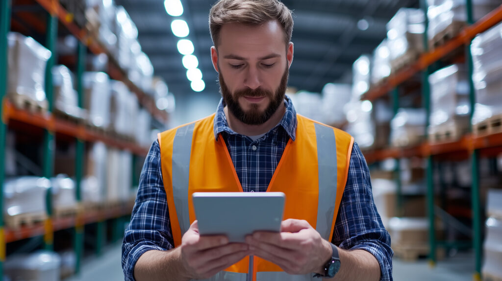 Man in an orange vest looks at a tablet inside of a warehouse.