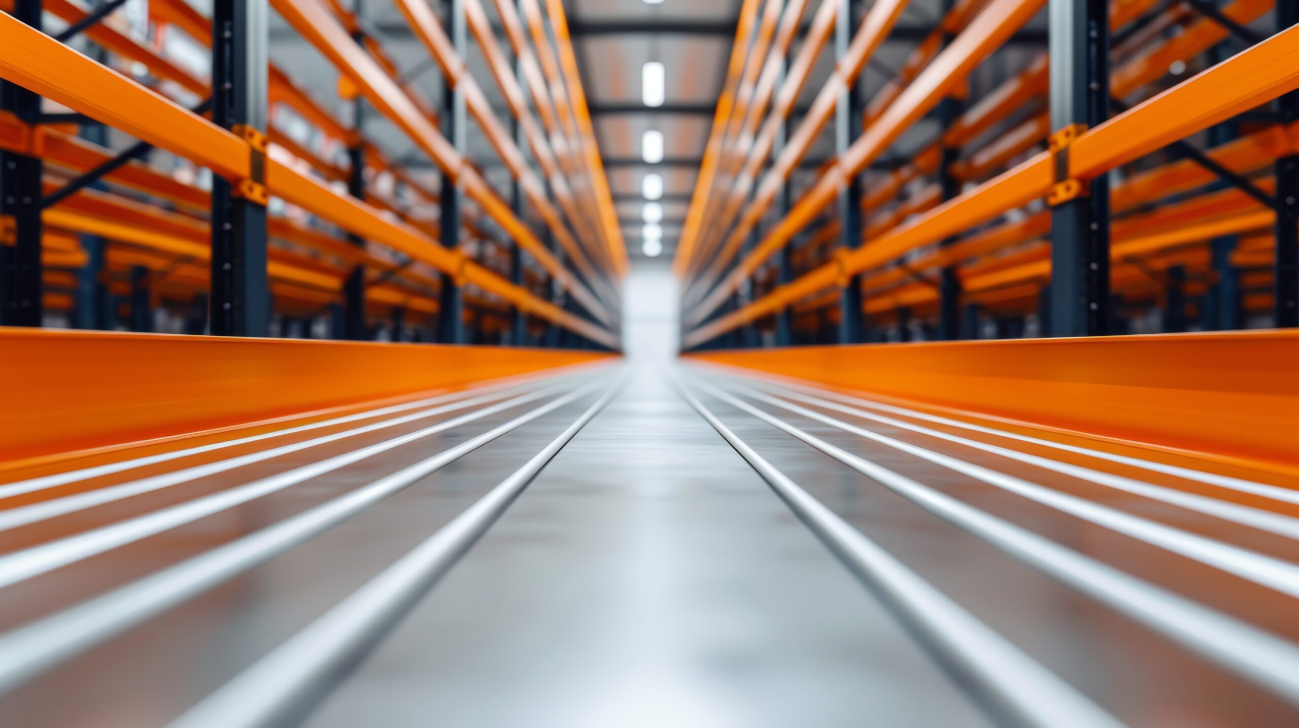 Neon-lit long aisle with orange pallet racks and advanced conveyor systems, bustling with efficient logistics, in a sleek, well-lit warehouse