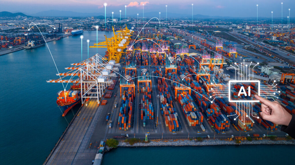 graphic of cargo ships being loaded with AI