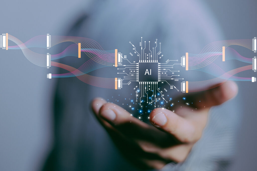 Man holding an graphic depicting AI