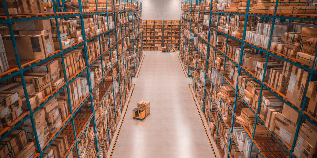 Fully stocked shelves in a warehouse.