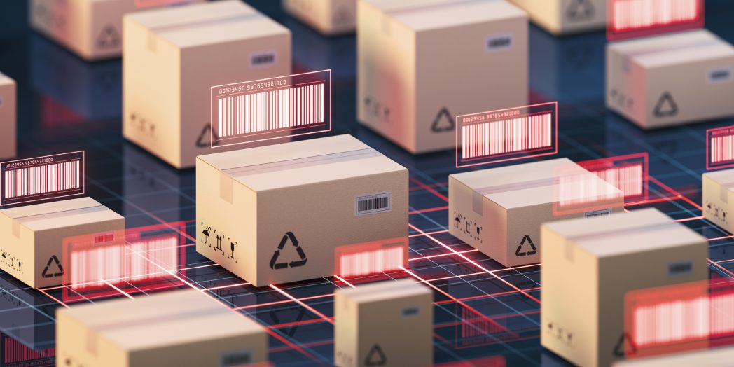 Carton and bar code, commodity inspection and transportation, 3d rendering. Computer digital drawing.
