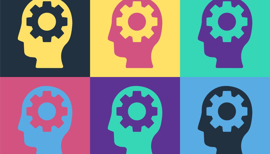 Pop art Human head with gear inside icon isolated on color background. Artificial intelligence. Thinking brain. Symbol work of brain. Vector Illustration