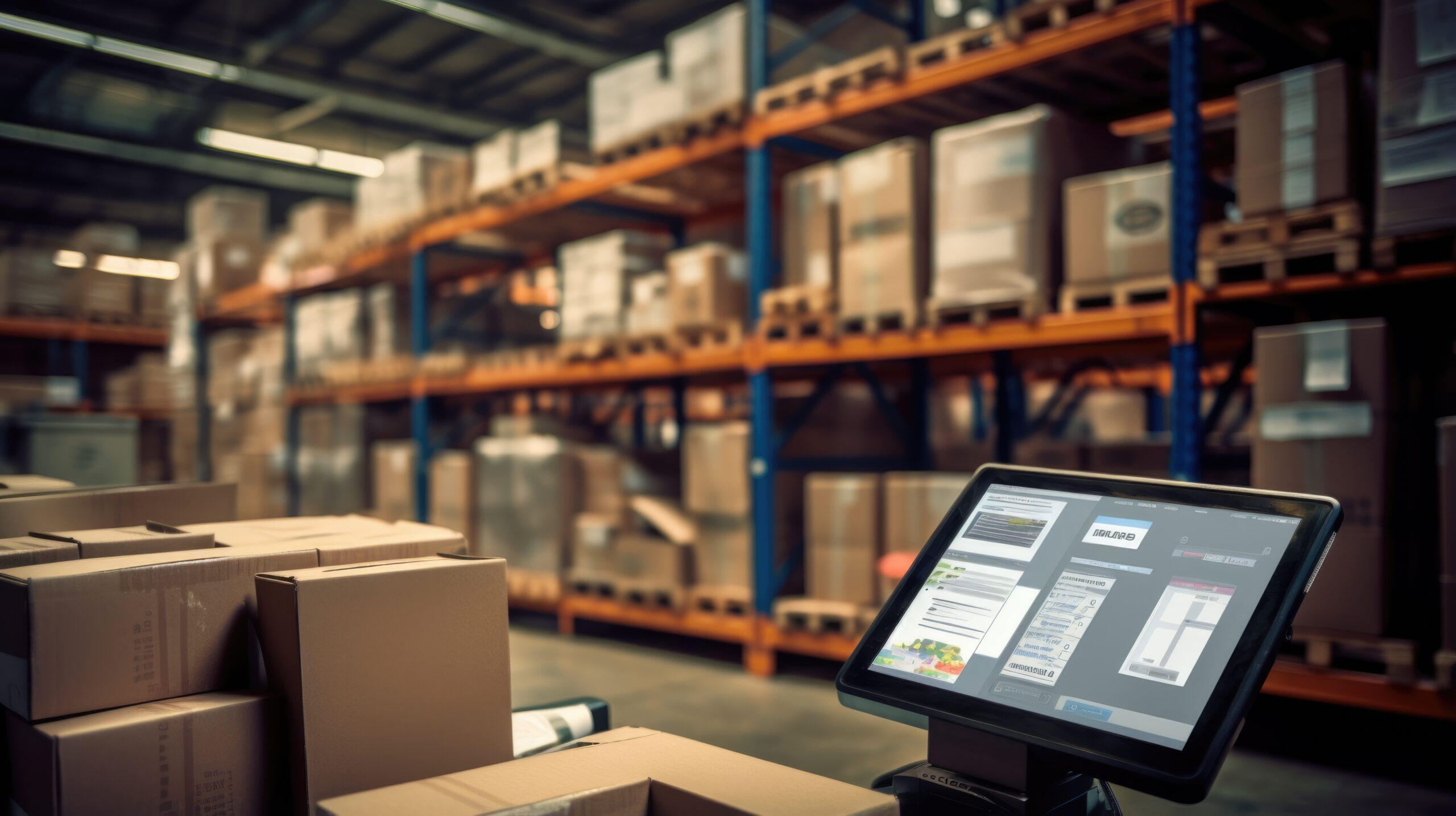 A photo of a screen displaying a WMS inside of a warehouse.