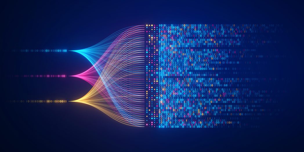 Big data technology and data science illustration. Data flow concept. Querying, analysing, visualizing complex information. Neural network for artificial intelligence. Data mining. Business analytics.